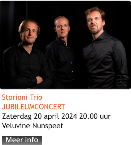 Storioni TrioJUBILEUMCONCERTZaterdag 20 april 2024 20.00 uurVeluvine Nunspeet Meer info Meer info